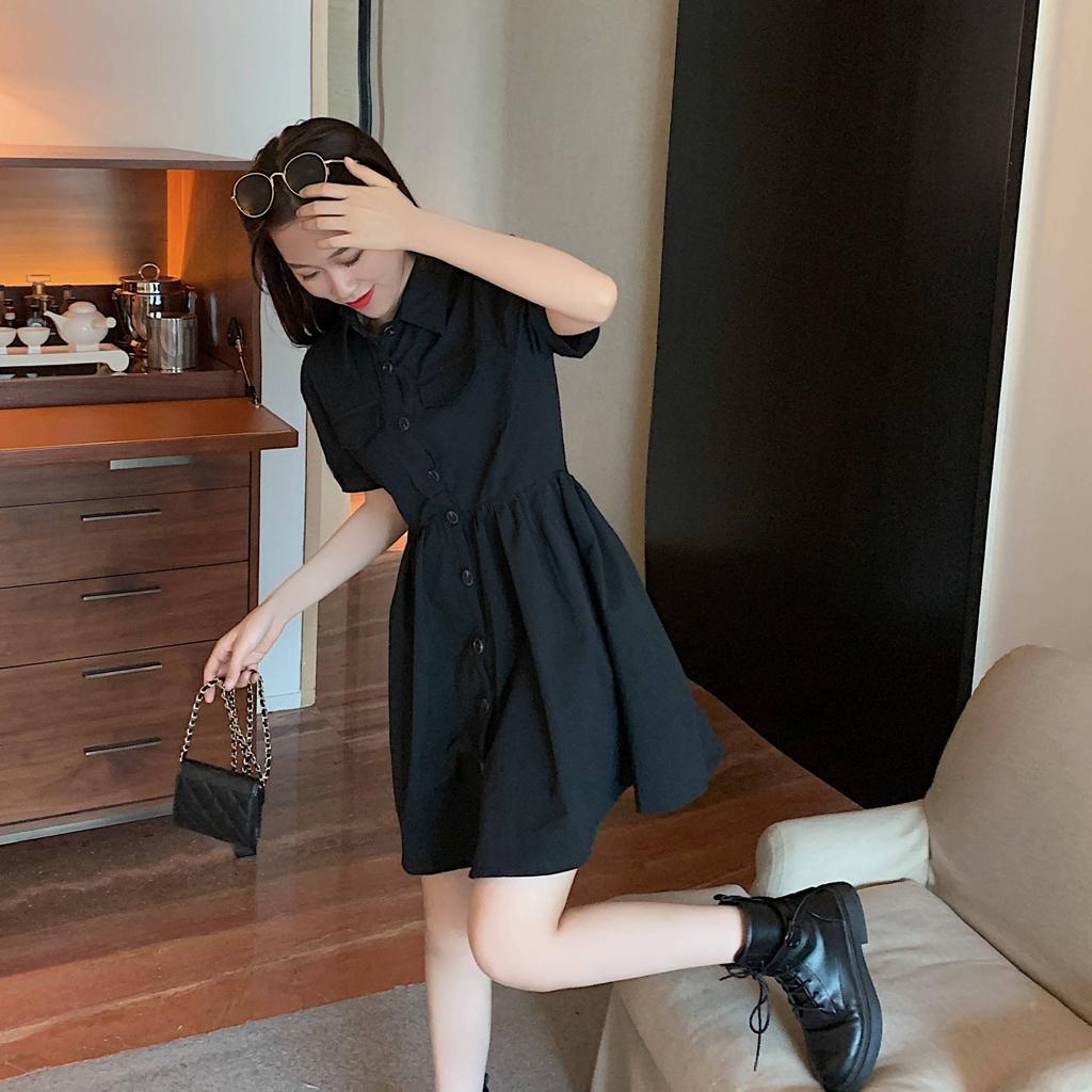 [littlecrab] Dress Full Kancing Berkerah Simple Elegan Dress Polos Saku Kiri Kanan Berkualitas Korean Style Short Dress Model Simply Dress Lengan Pendek Unik Nyaman