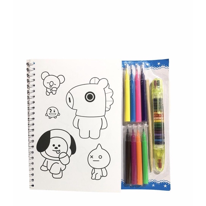 STATIONERY DRAWING BOOK SCRATCH PAINTING BUKU SKETSA MEWARNAI BTS / COLORING BOOK SET BTS - STATIONERY CRAYONS MARKERS BT21