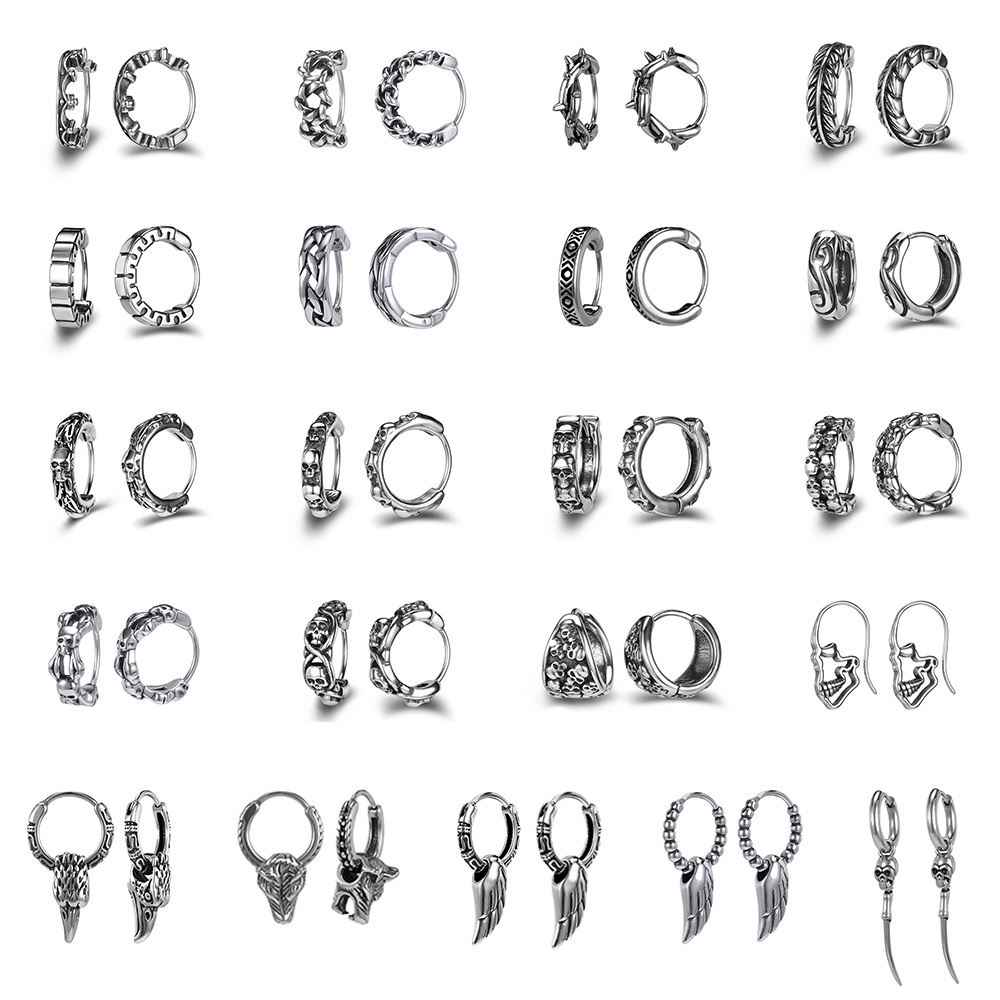 Anting Hoop Desain Kepala Serigala Harimau Bahan Stainless Steel Gaya Punk Rock 18g