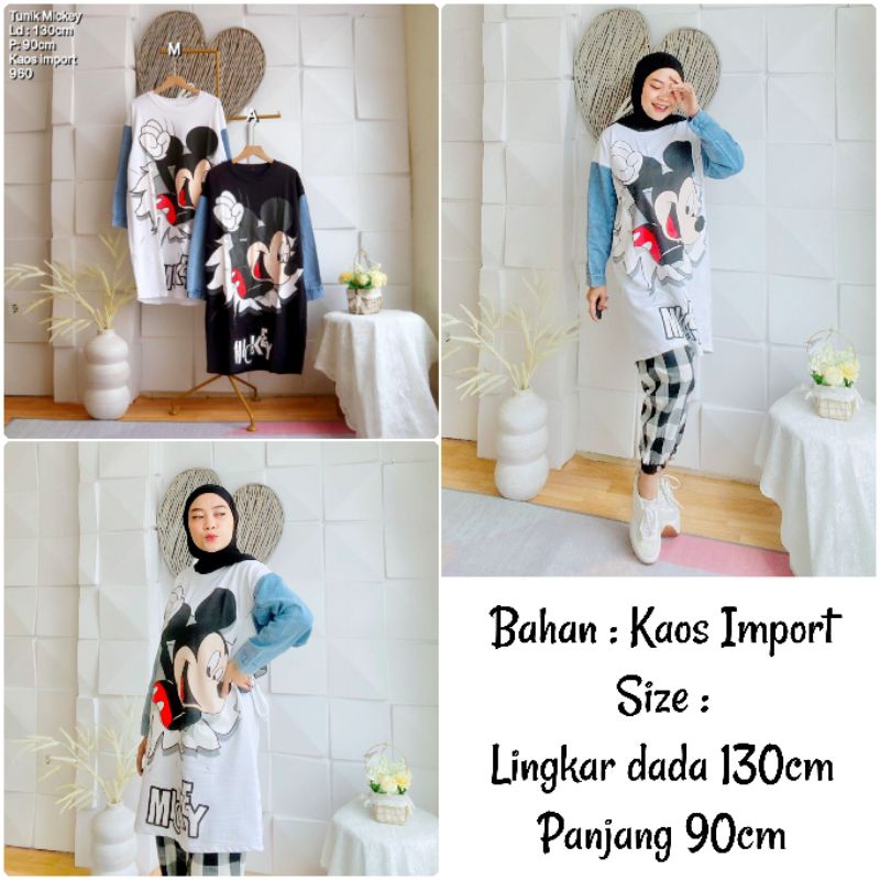 Tunik Kaos Jeans Denim Kombinasi Wanita Terbaru Jumbo Ld 130 Anime Mickey Tunic Hitam Putih Q26522