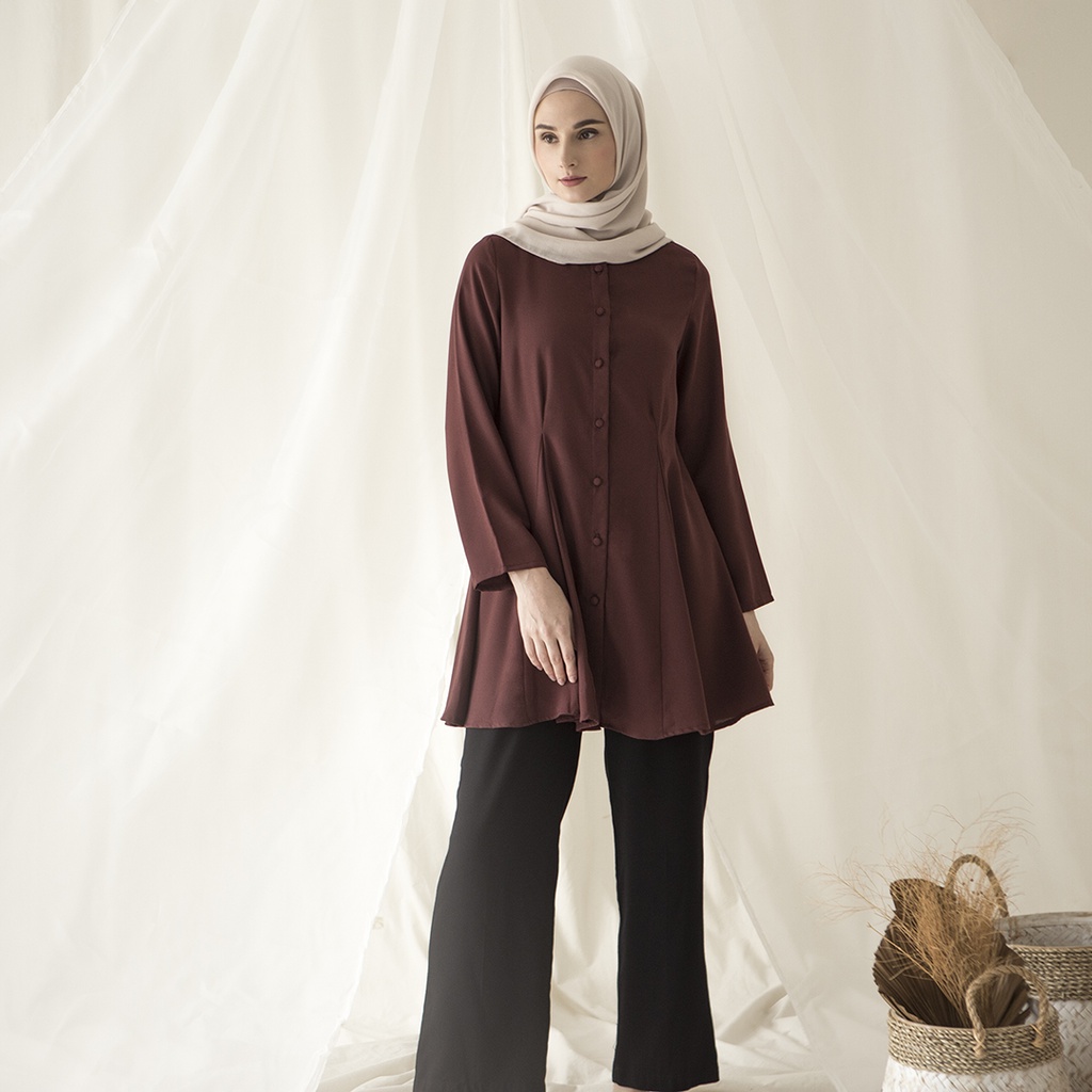 Wiyana by Aska Label - Basic Blouse Wanita Muslim Full Kancing warna Lilac, Navy, Taupe, Light Moss, Olive, Deep Cranberry