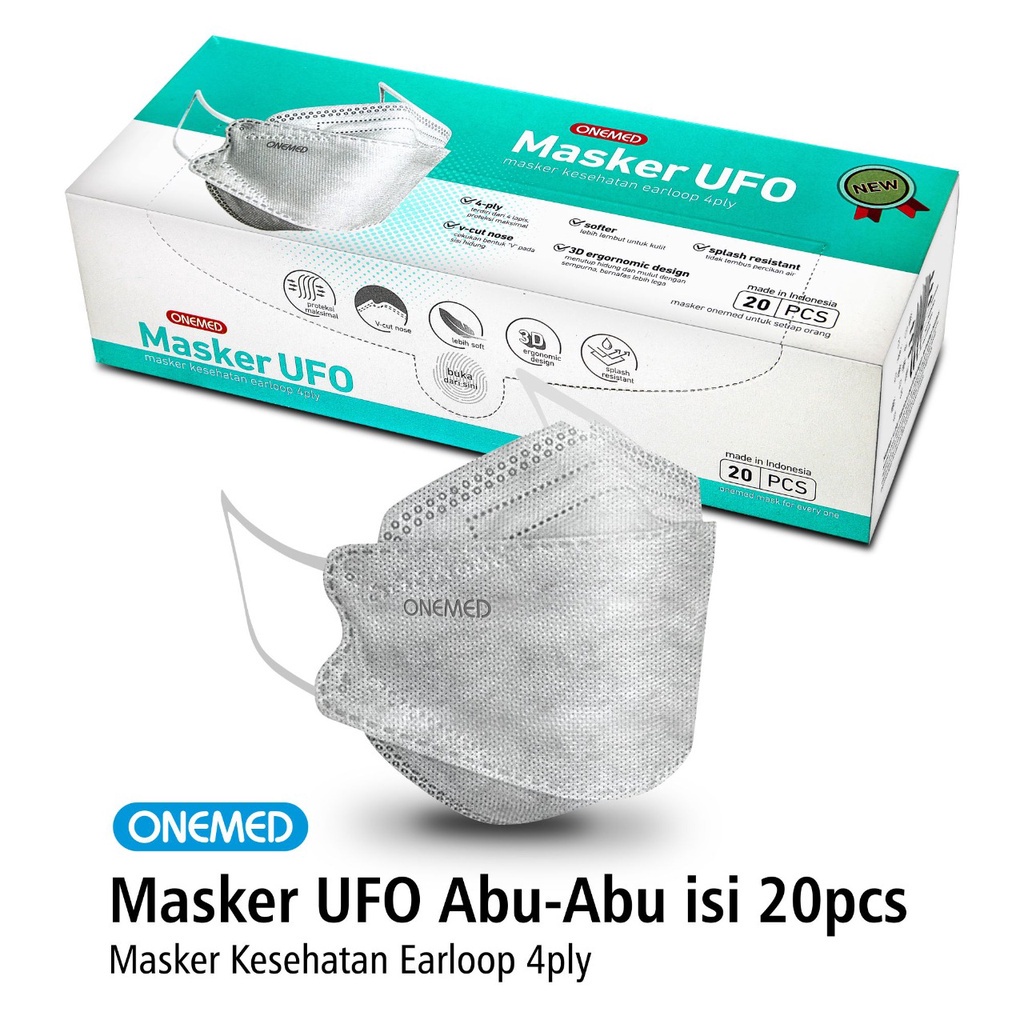 Masker Karet Medis UFO Abu 3D OneMed 4ply Box isi 20pcs