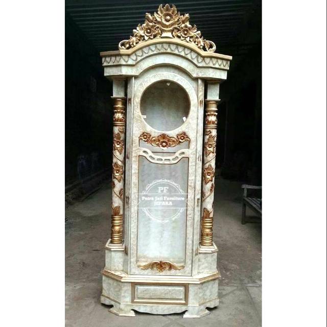 Jam Mawar Jati Warna Putih Marmer Full Jati, Almari Jam Hias Pajangan Kayu Jati Promo