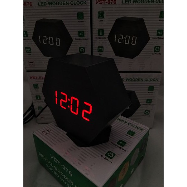 Jam Meja Digital Led Weker Digital Wood Alarm Clock 876 black red