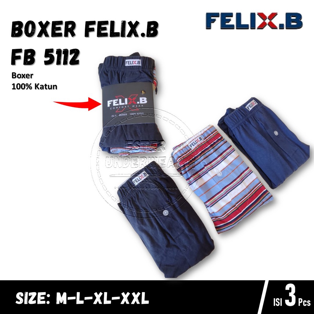 Felix.B Celana Boxer Pria FB 5112 ISI 3Pcs Motif Polos