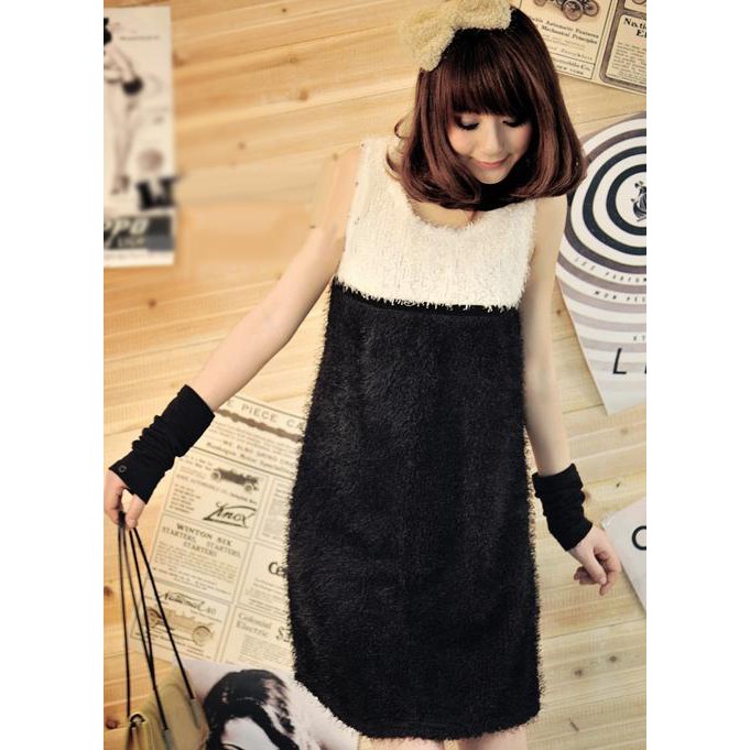 New Women's Stylish Black O-Neck Patchwork Above Knee A-Line Dress