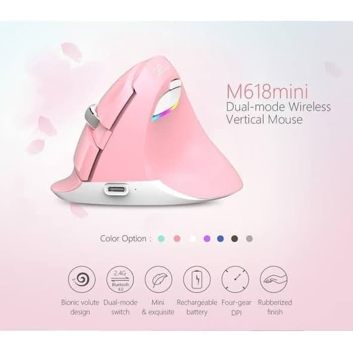 DELUX M618 Mini Pink Bluetooth + Wireless RGB Vertical Mouse Ergonomic