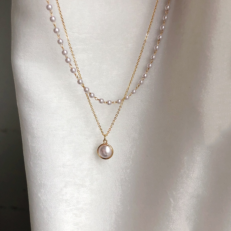 Kalung Rantai Klavikula Model Lapis Ganda Aksen Mutiara Untuk Aksesoris