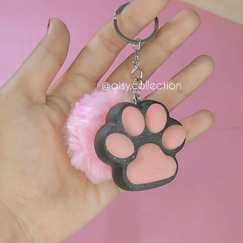 Keychain Resin Paw Cat | Gantungan Kunci Resin Paw Cat Kaki Kucing Lucu FREE Pompom