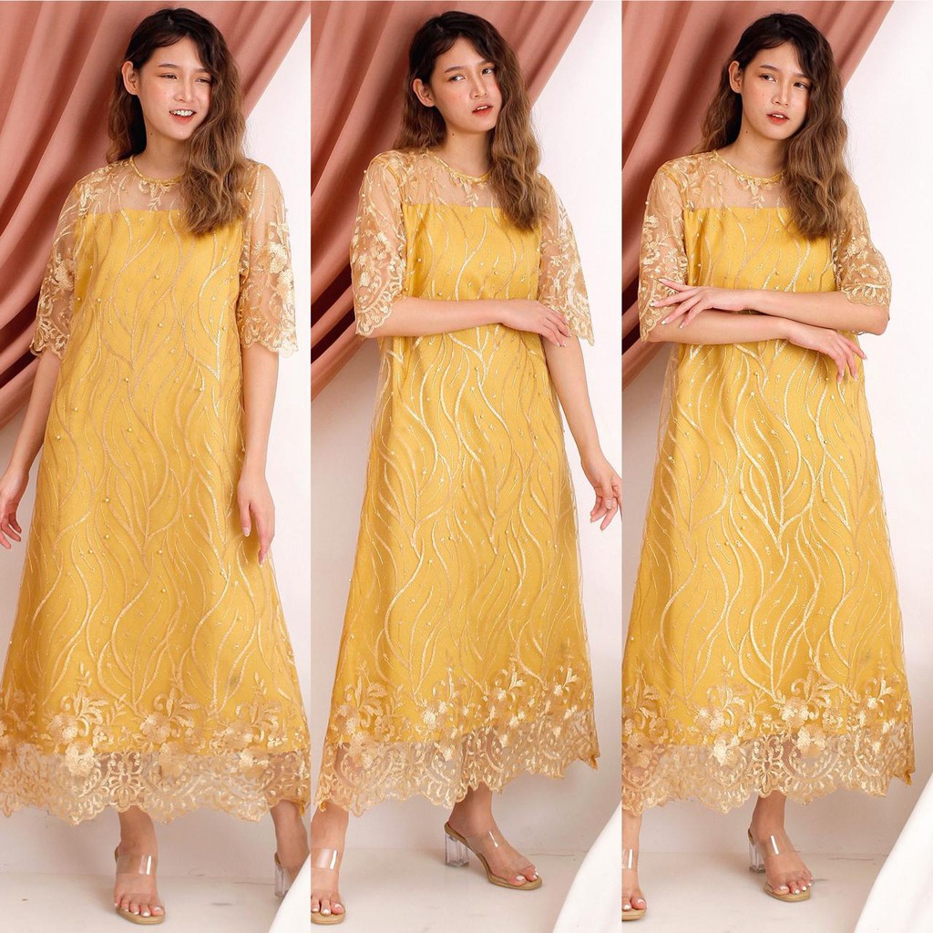 Diana Long Dress Brukat Tile Bordir Gliter Mutiara Brokat Tulle Dres Pesta 7 WARNA TERMURAH