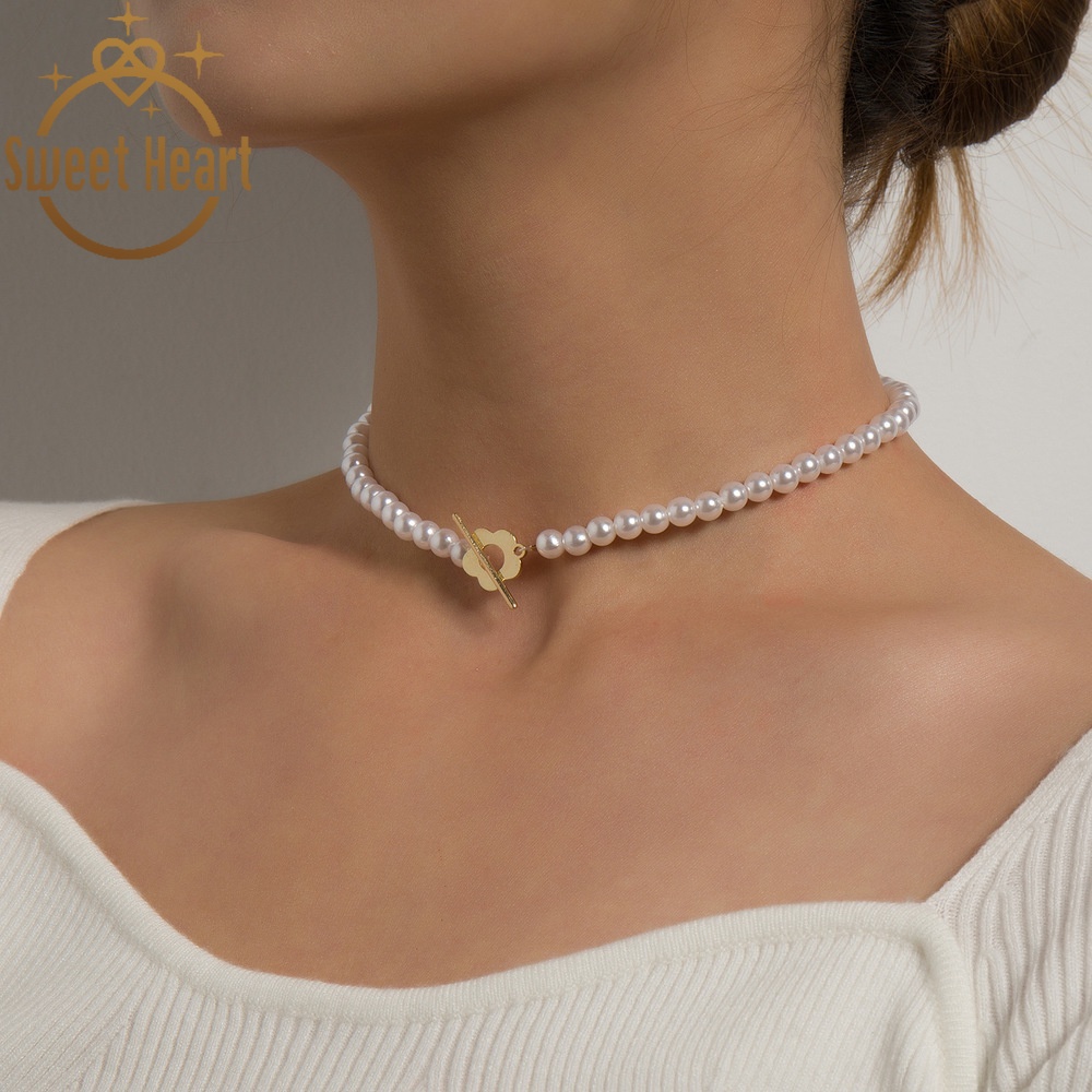 Simple Pearl Necklace Choker Clavicle Chain Temperament Flower OT Buckle Necklace Fashion Jewelry