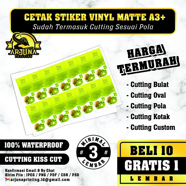 

CETAK STIKER VYNIL MATTE A3+ (PRINT & CUTTING) QUANTAC / STIKER LABEL WATER PROOF