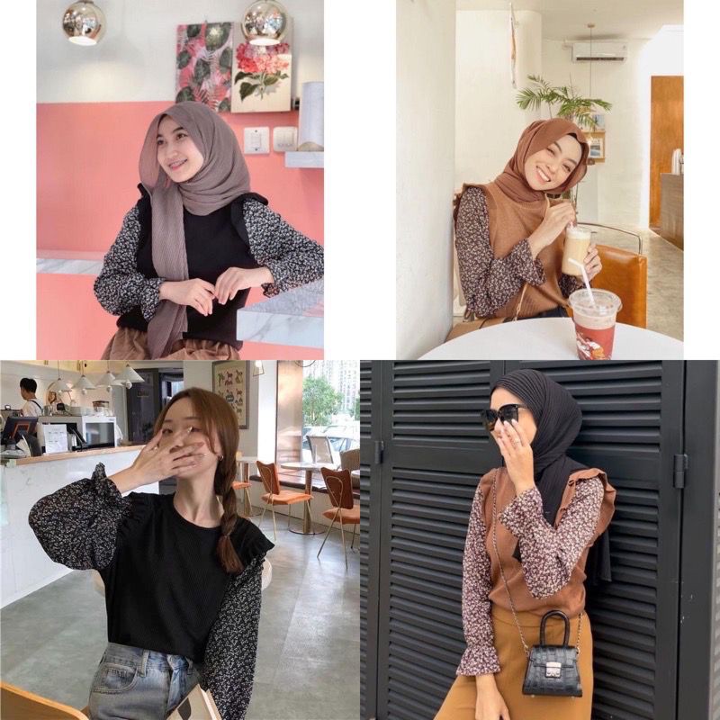 Tq88indonesia Fashion Blus Wanita Kombinasi Lengan Panjang Terbaru  /  Blouse Mindy Ruffle Combine Crop Top /  Ootd / Baju Santai Cewek / Baju Atasan Wanita Kekinian