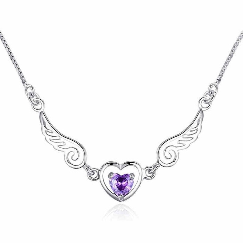 [Ready Stock]Fashion Heart Wings Jeweled Pendant Silver Necklace