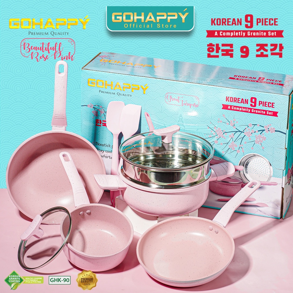 Gohappy Panci Set 9 pcs edisi Korean Granit Cookware GH-K98 Penggorengan WOKPAN Milkpan FRYPAN CASSEROLE