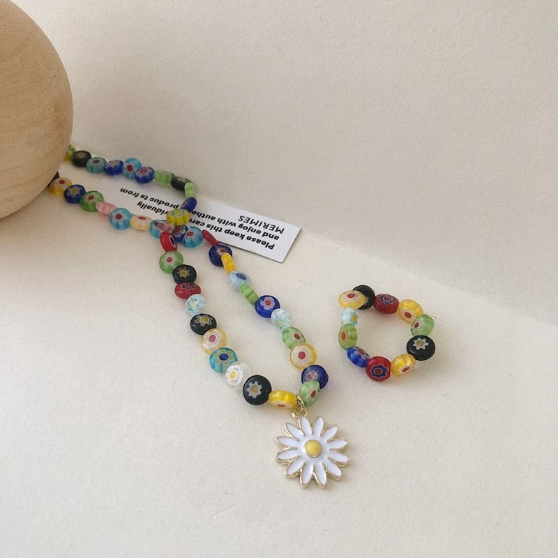 Color Beaded Necklace, Small Daisy Pendant, Clavicle Chain, Korean Temperament, Simple