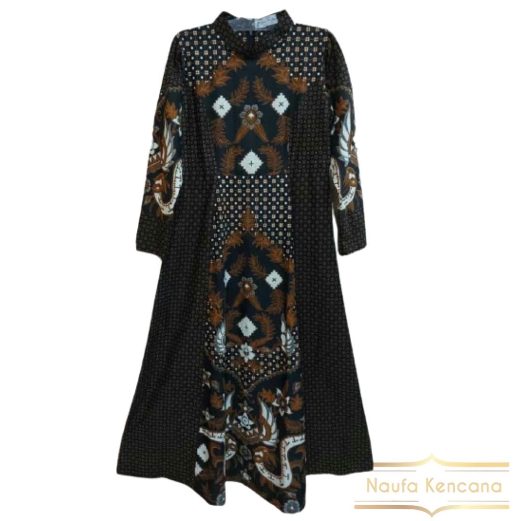 gamis batik kombinasi polos dress batik wanita jumbo naufakencana motif mariane