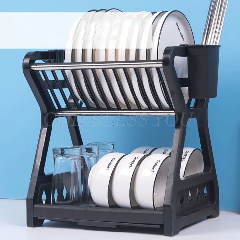 Rak Piring Susun 2 Plastik Tebal Gelas Pengering Drainer Kitchen Dish Rack 2 layer hitam mangkok sendok pisau