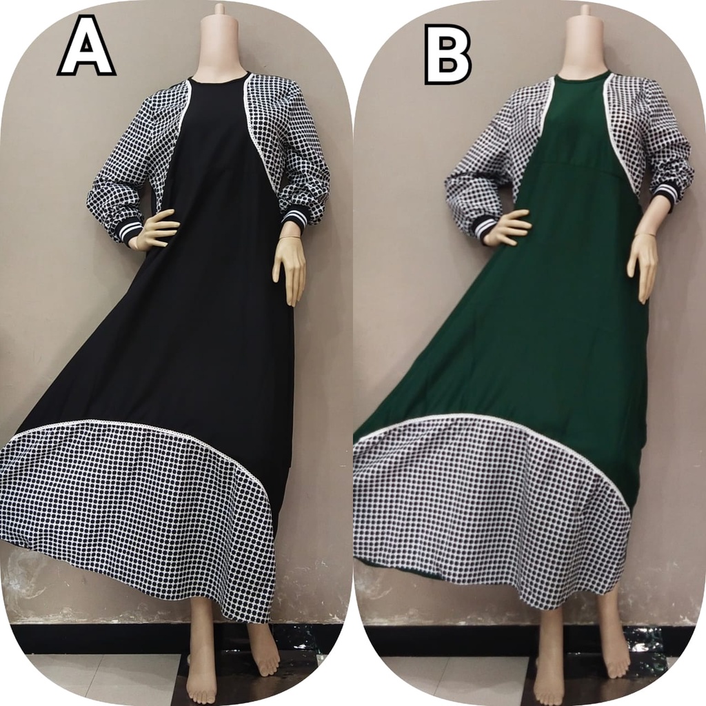 Gamis polos Kombinasi Motif Kotak kotak