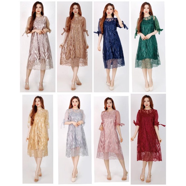 Dress pesta tile mutiara  / dress brokat tile Allsize fit M sd L / dress brokat natal mewah - Jean