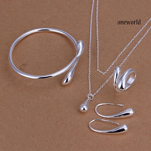 OW@ Women Fashion Silver Plated Jewelry Set Bracelet Necklace Ring Hook Oval Earings