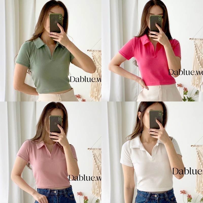 Dablue • Yeji Crop Top Knit Berkualitas / Polo Shirt Crop Top Rib Knit / Top Kerah V Rib / ATASAN WA