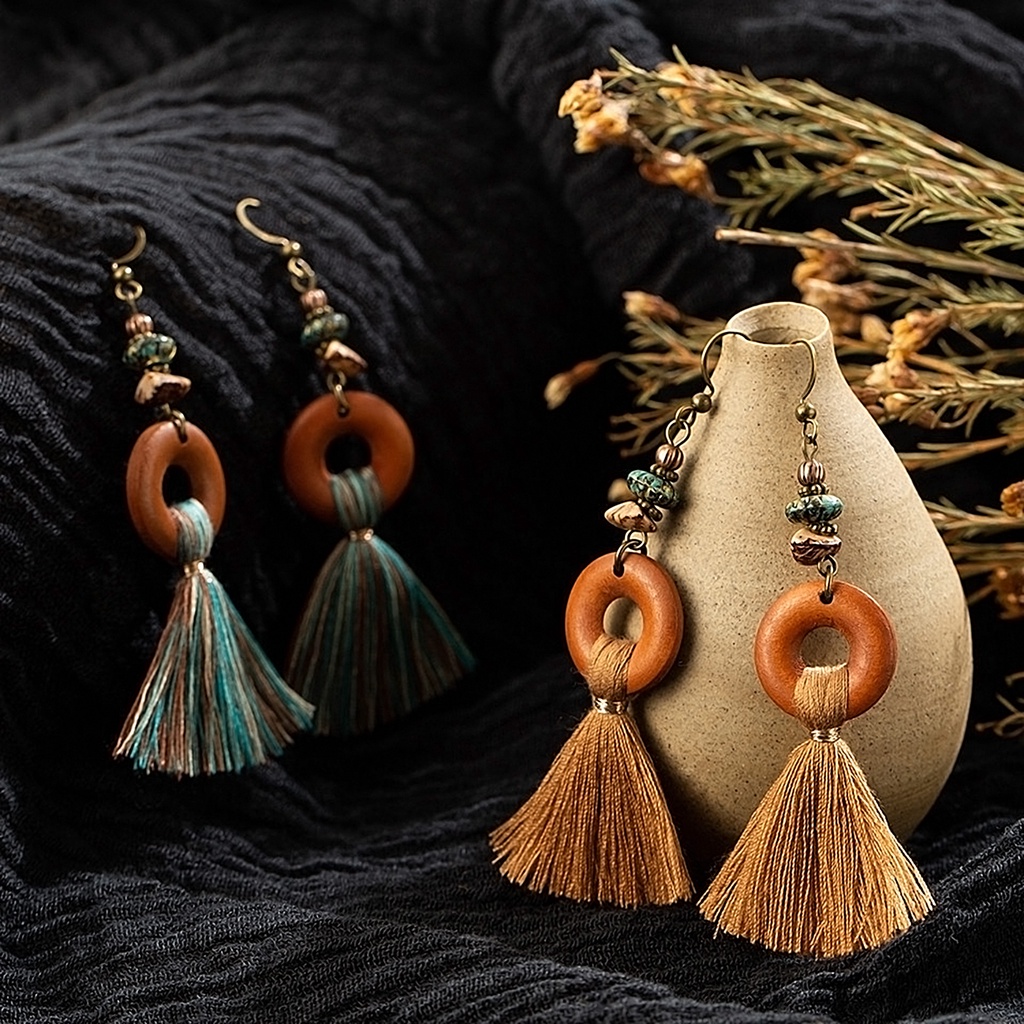 Anting model cincin kayu - gaya etnik retro rumbai - aksesoris fashion bohemian