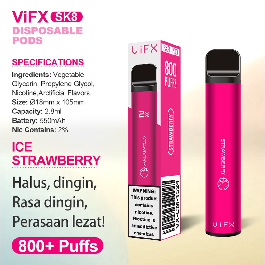 ViFX 800Puffs Disposable Pods Original 100% Ice Strawberry Flavour Vapee sekali pakai