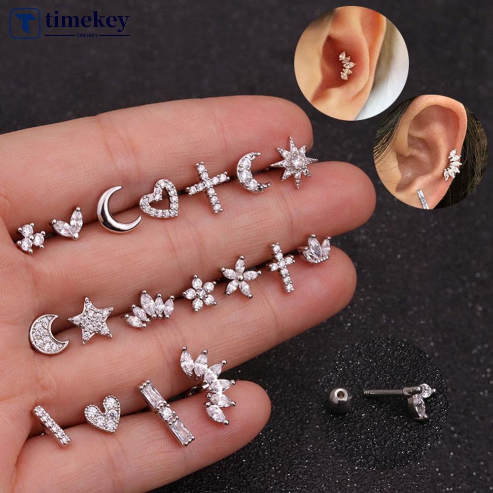 Timekey Anting Tusuk Silver Desain Mahkota Hias Mutiara Zircon Bahan Stainless Steel Untuk Wanita A9K9