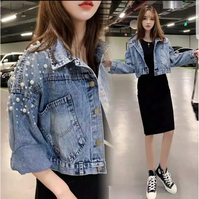 WANITA-JEANS-JAKET- JAKET JEANS CROP KOMBINASI MUTIARA TEMBAK - LIGHT SNOW GREY -JAKET-JEANS-WANITA.
