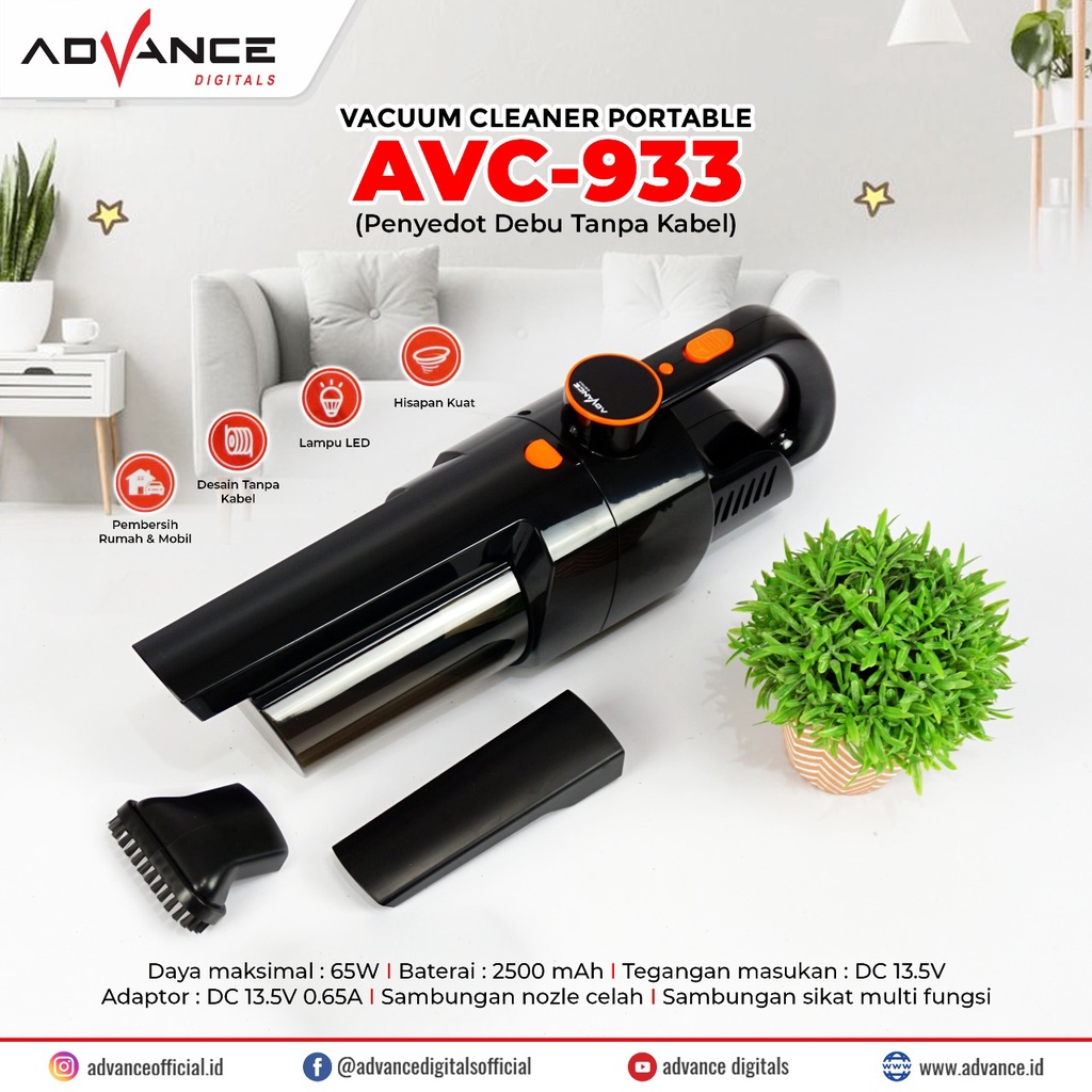 Vakum cleaner Wireless Portable / Penyedot debu tanpa kabel Advance AVC 933