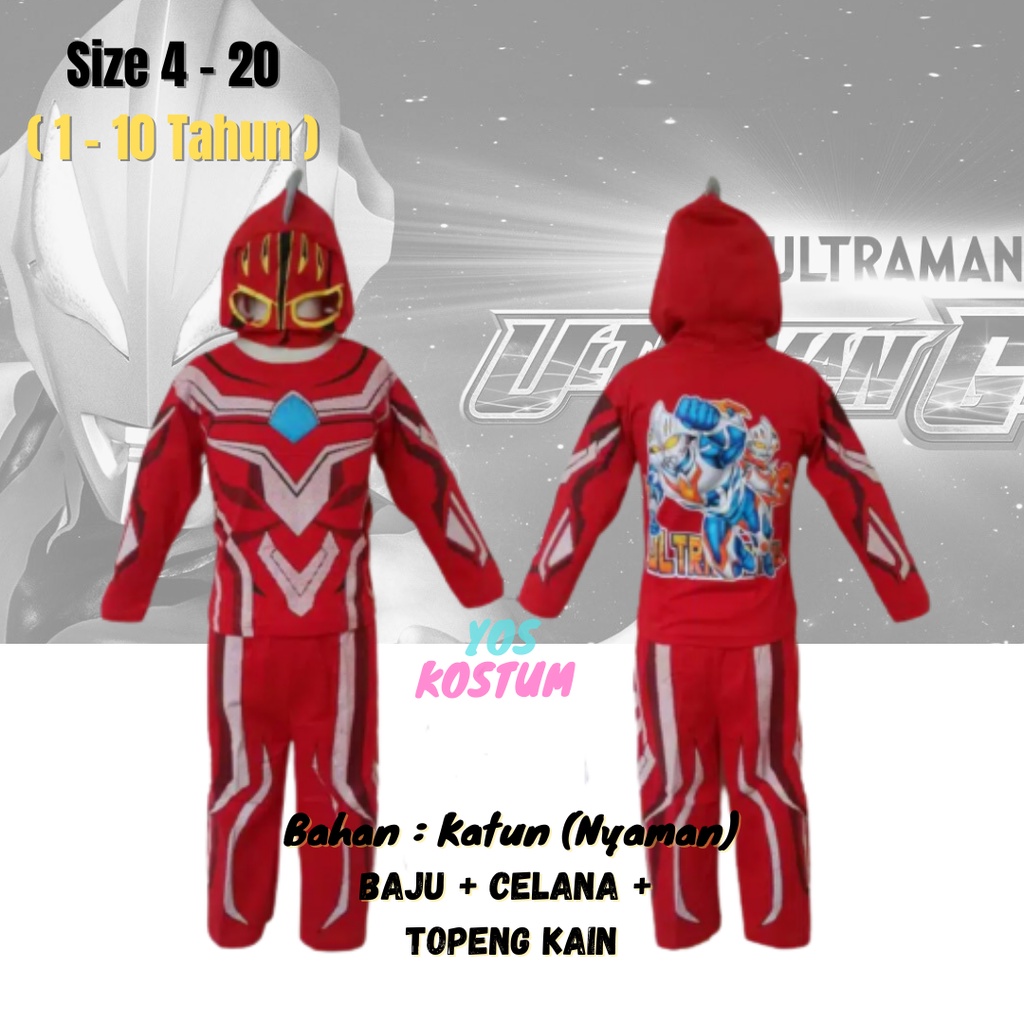 Kostum Anak Laki Laki Ultraman Baju Karakter Topeng Setelan Celana Panjang