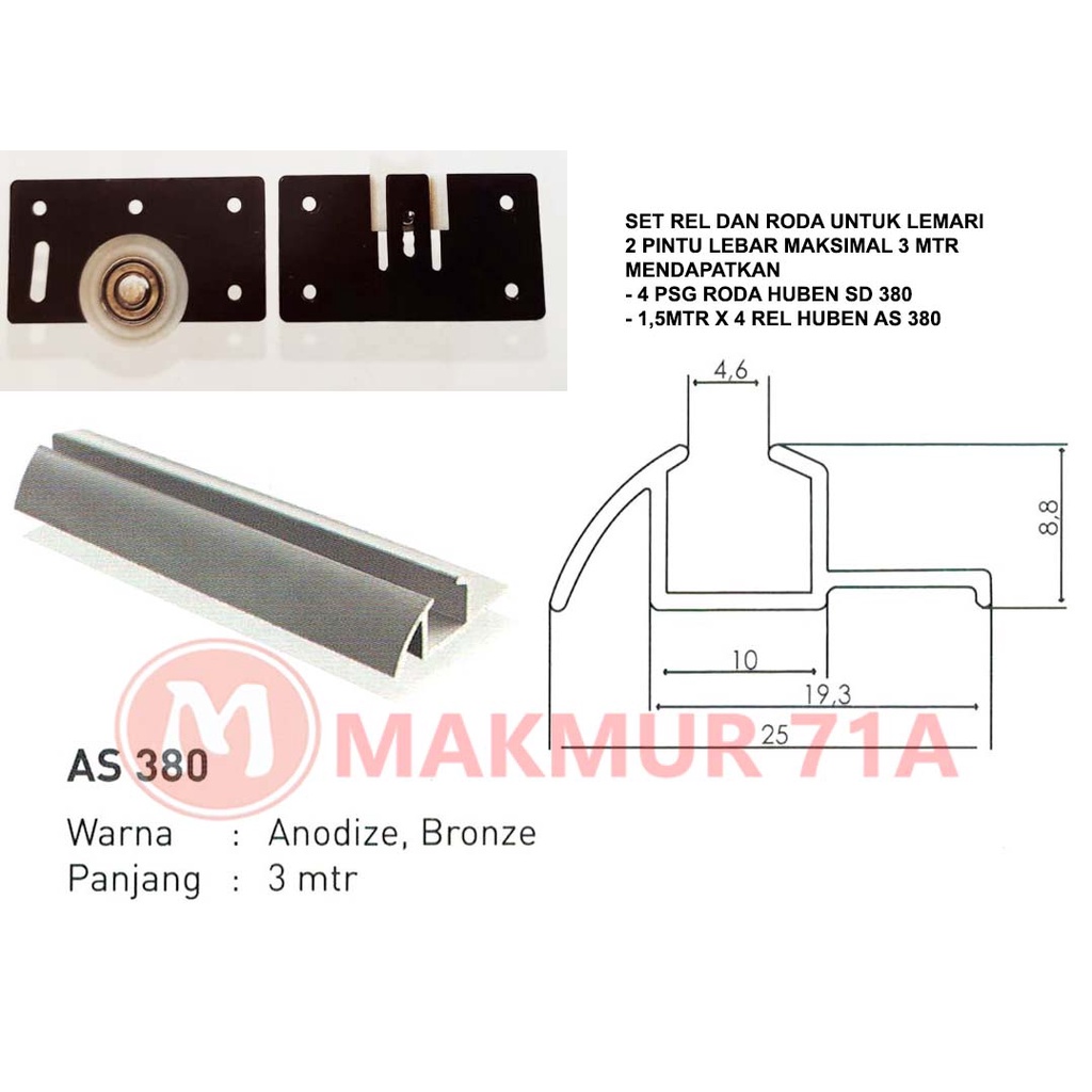 Set Rel dan Roda Lemari sliding untuk 2 Daun pintu / Lemari Geser 380