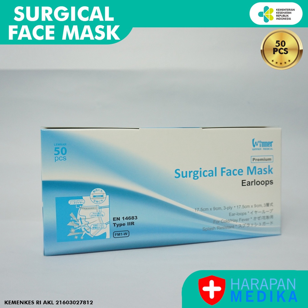 Masker 3ply Surgical Face Mask Premium Earloops Winner