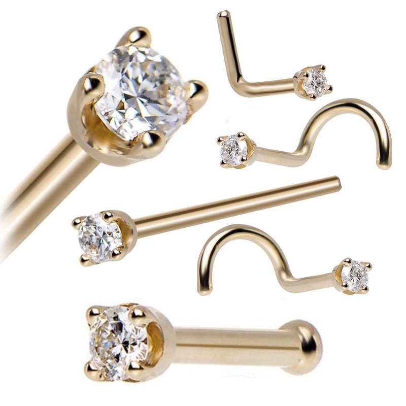 1 Set Pack  Zircon Gem Bone Nose Stud Piercing Earring / Round Diamond CZ Nose Rings