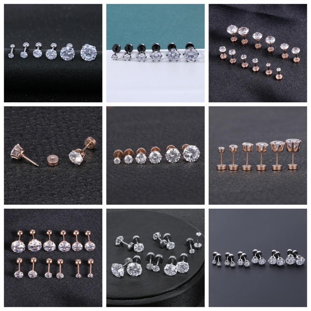 4-24pcs / lot Anting Stud Helix Tulang Rawan Bentuk Bulat Aksen Kristal Bahan Stainless Steel Ukuran 3 / 4 / 5 / 6MM