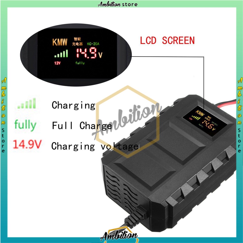 [BISA BAYAR DITEMPAT] Charger Aki Mobil Motor 12V 20A Smart Intelligent Chip LCD Indicator