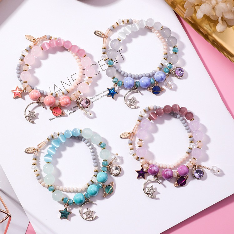 XiaoboACC 2Pcs/Set Gelang Tangan Multi Layer Aksen Bintang / Bulan / Mata Kucing Ala Korea untuk Wanita