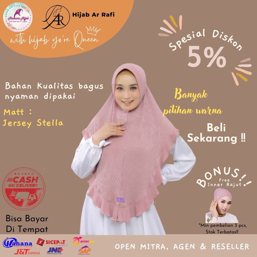 Hijab Arrafi Terbaru AR 558 Model Plisket Jersey Stella Ped Antem Variasi Rampel Depan