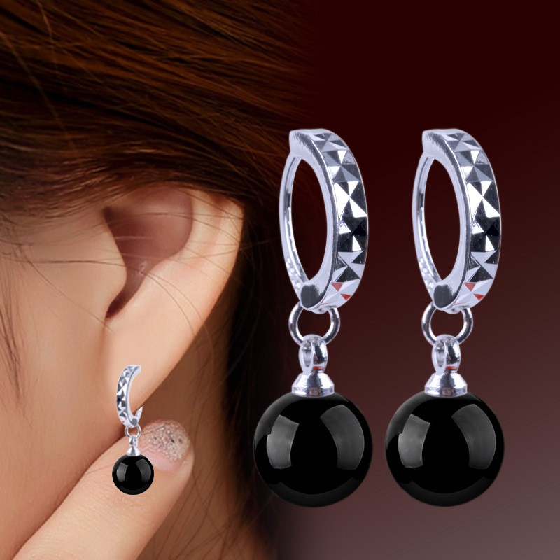 925 Sterling Perak Perempuan Anting-Anting Hitam dan Merah Batu Akik Putri Bola Anting-Anting Fashion Ornamen