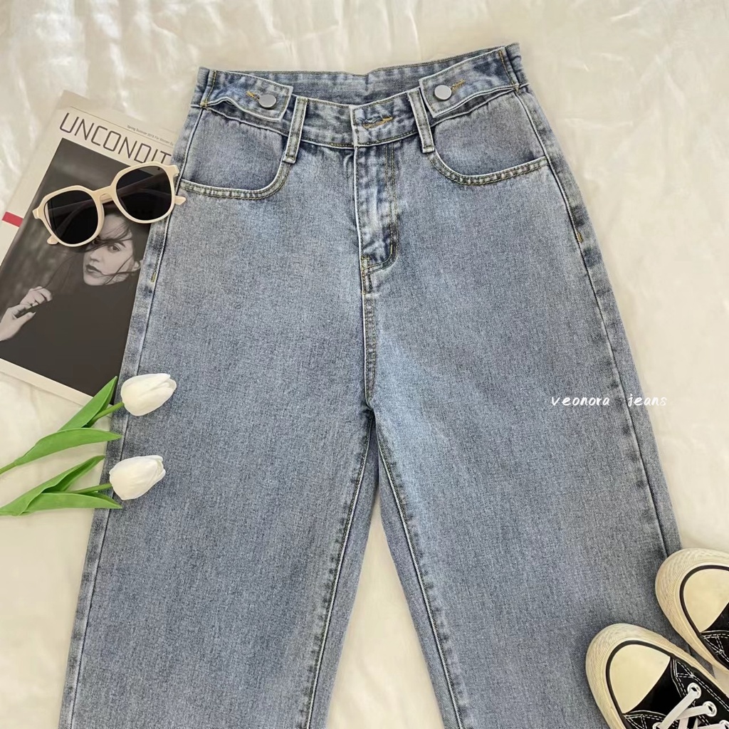Korean Style Highwaist Straight Loose Kulot Jeans Yang Dapat Disesuaikan Bagy Boyfriend Celana Panjang Jeans Wanita