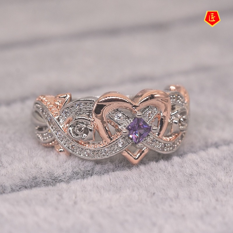 [Ready Stock]Love Heart-Shaped Rose Gold Square Diamond Ring Fashion Personality