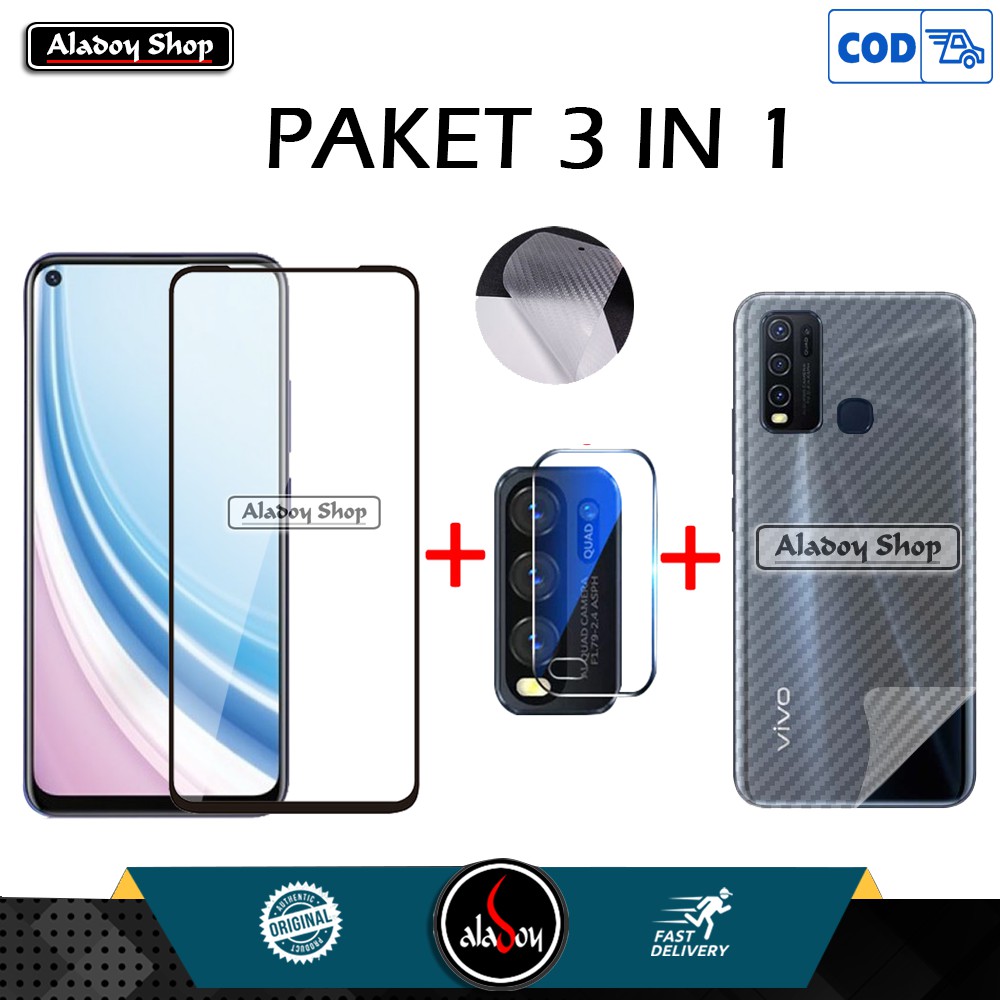 PROMO 3 IN 1 PAKET Tempered Glass Layar VIVO Y50 2020 + Tempered Glass Camera Lens + Garskin Carbon