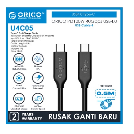 Usb4 Type-c thunderbolt to usb c 4.0 male cable orico 50cm 8k 4k 60hz 40Gbps pd 100w data sync charge usb40 u4c05 u4c-05