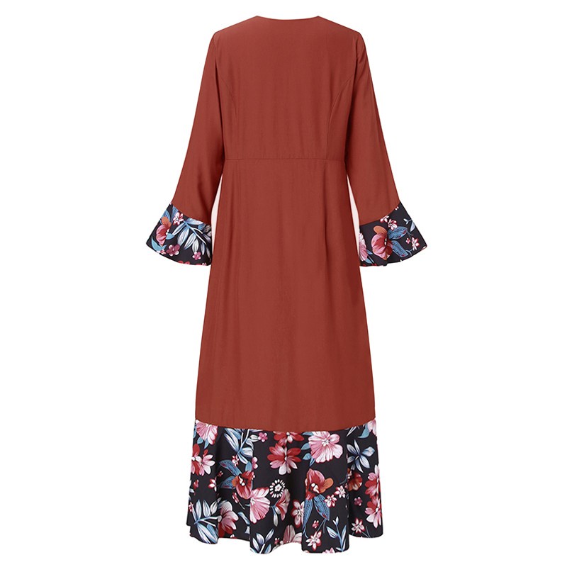 ZANZEA Women Long Sleeve Vintage Printed Fishtail Hem Muslim Long Dress