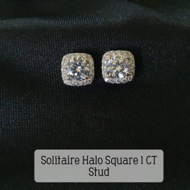 Anting berlian roku solitaire hallo square 1CT. Rangka Platina. tidak akan menghitam