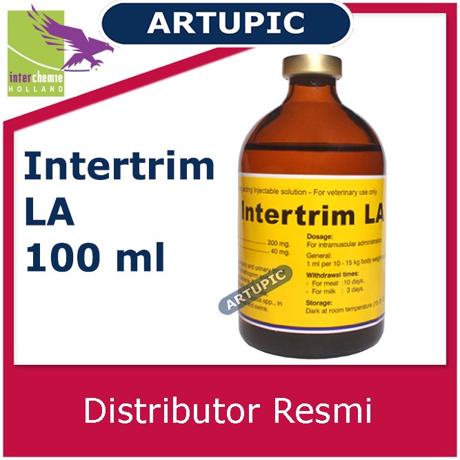 Intertrim LA 100 ml Obat infeksi pencernaan pernafasan perkencingan oleh bakteri Ecoli Haemophilus Pasteurella Salmonella Staphylococcus Streptococcus pada sapi kambing domba babi