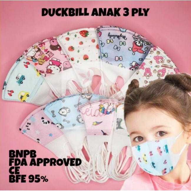 MASKER ANAK ANAK 3 PLY/ KIDS MASK/ MASKER DUCKBILL ANAK/ MASKER MOTIF KARAKTER/SURGICAL MASK (Umur 0-3 tahun) dan (Umur 4-12) (ECER)