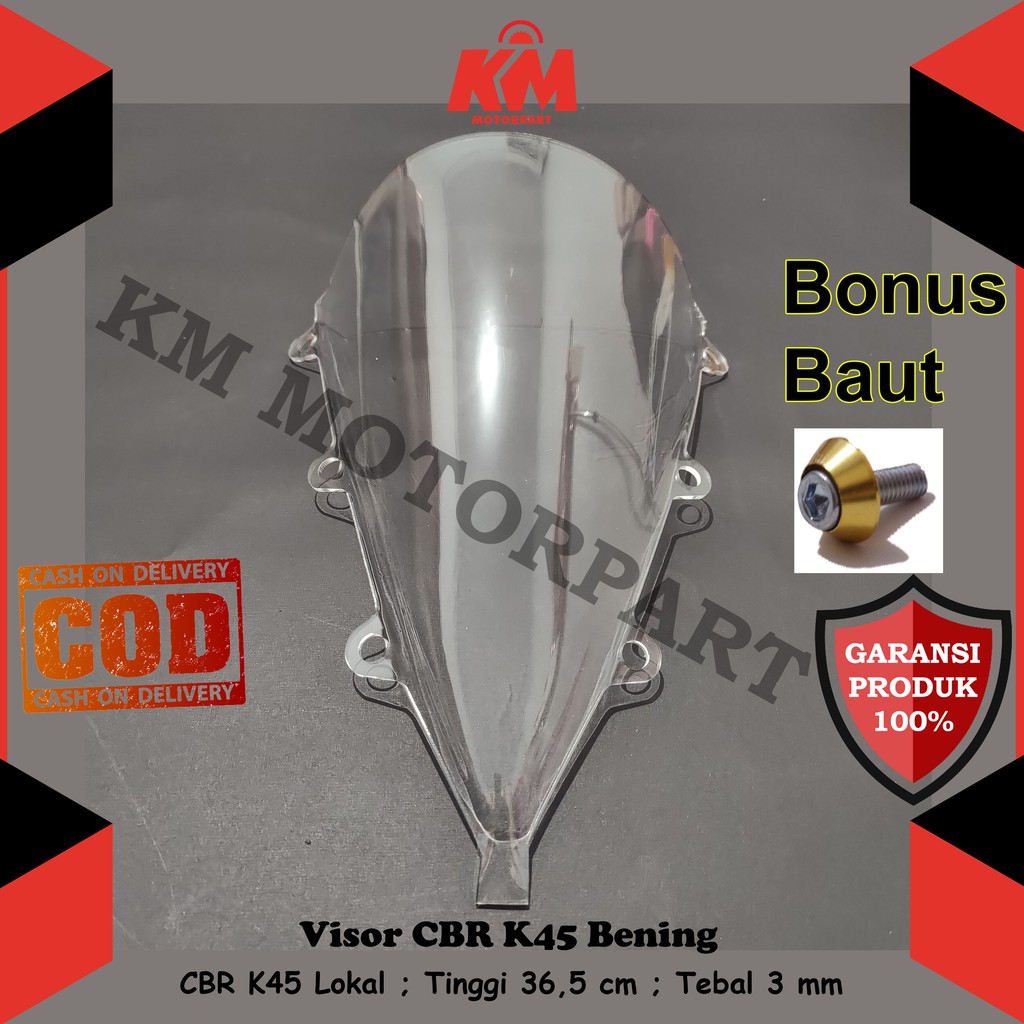 Visor Windshield CBR 150r K45 Lokal K45n Jenong Tinggi 36,5 cm Tebal 3 mm Hitam dan Bening