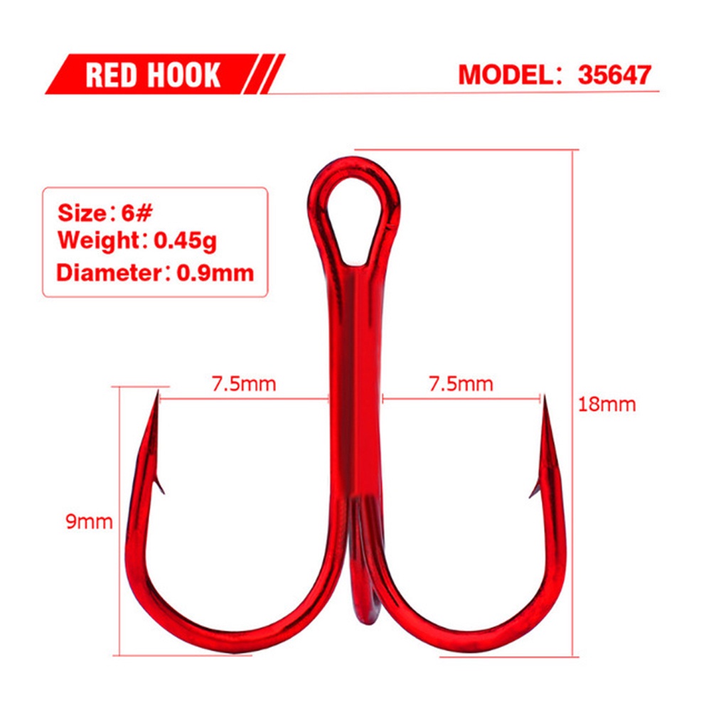 REBUY Fishing Tackle Fishing Hooks Pesca High Carbon Steel Treble Hook Bent Round Fishing Accessories For Saltwater Bass 20pcs/lot 2/4/6/8/10# Red Hooks